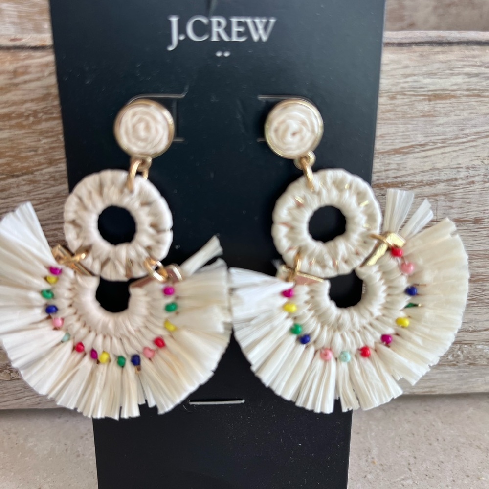 J Crew. Ivory tassel raffia earrings with rainbow beads